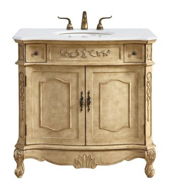 36 Inch Single Bathroom Vanity In Antique Beige With Ivory White Engineered Marble