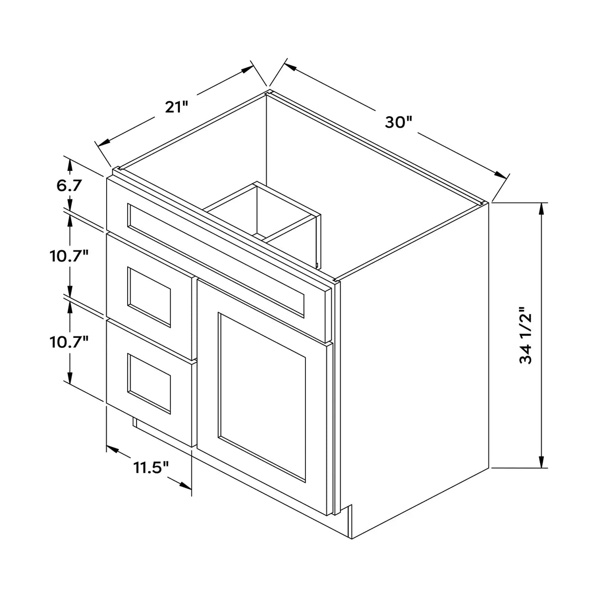 Craft Cabinetry Berkley Pure White 30”W Left Drawers Right Door Vanity Cabinet Image Specifications