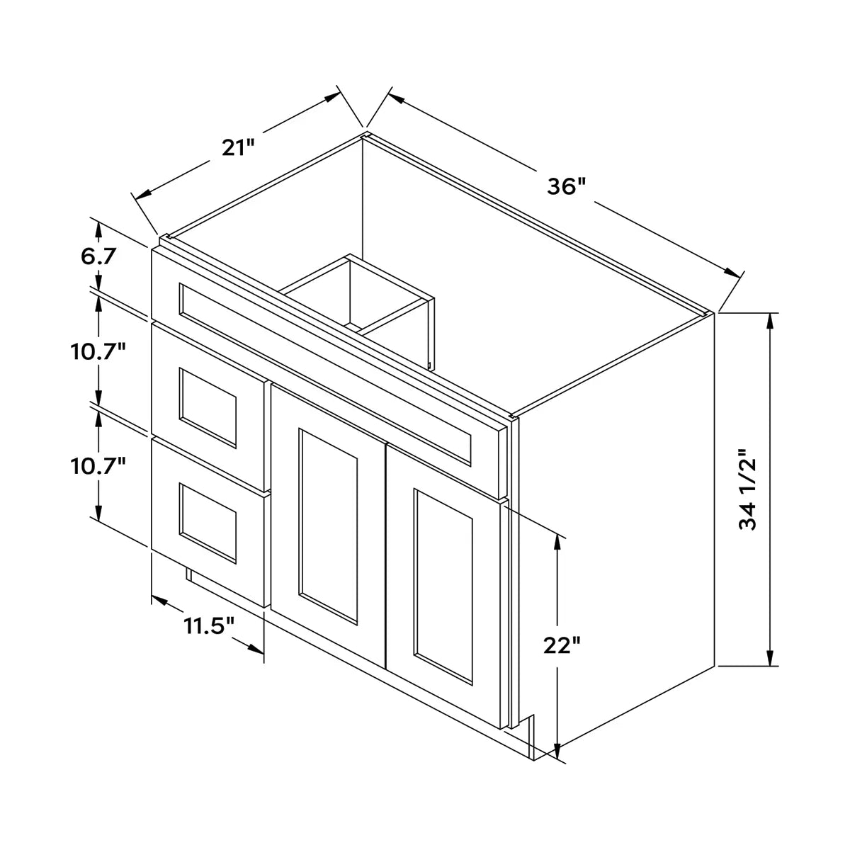 Craft Cabinetry Berkley Pure White 36”W Left Drawers Right Door Vanity Cabinet Image Specifications