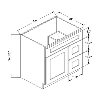 Craft Cabinetry Shaker Aqua 30”W Right Drawers Left Door Vanity Cabinet Image Specifications