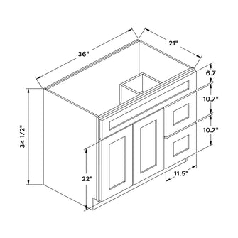 Craft Cabinetry Shaker Aqua 36”W Right Drawers Left Door Vanity Cabinet Image Specifications